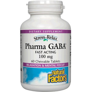 A bottle of Natural Factors Stress-Relax® Pharma GABA® 100 mg Chewable