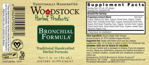 A label with Supplemental facts for Woodstock Herbal Products Bronchical Formula