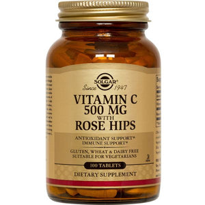 A bottle of Solgar Vitamin C 500 mg with Rose Hips