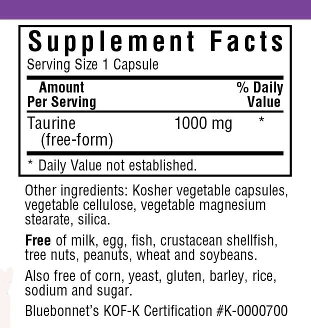 A bottle of Bluebonnet Taurine 1000 mg