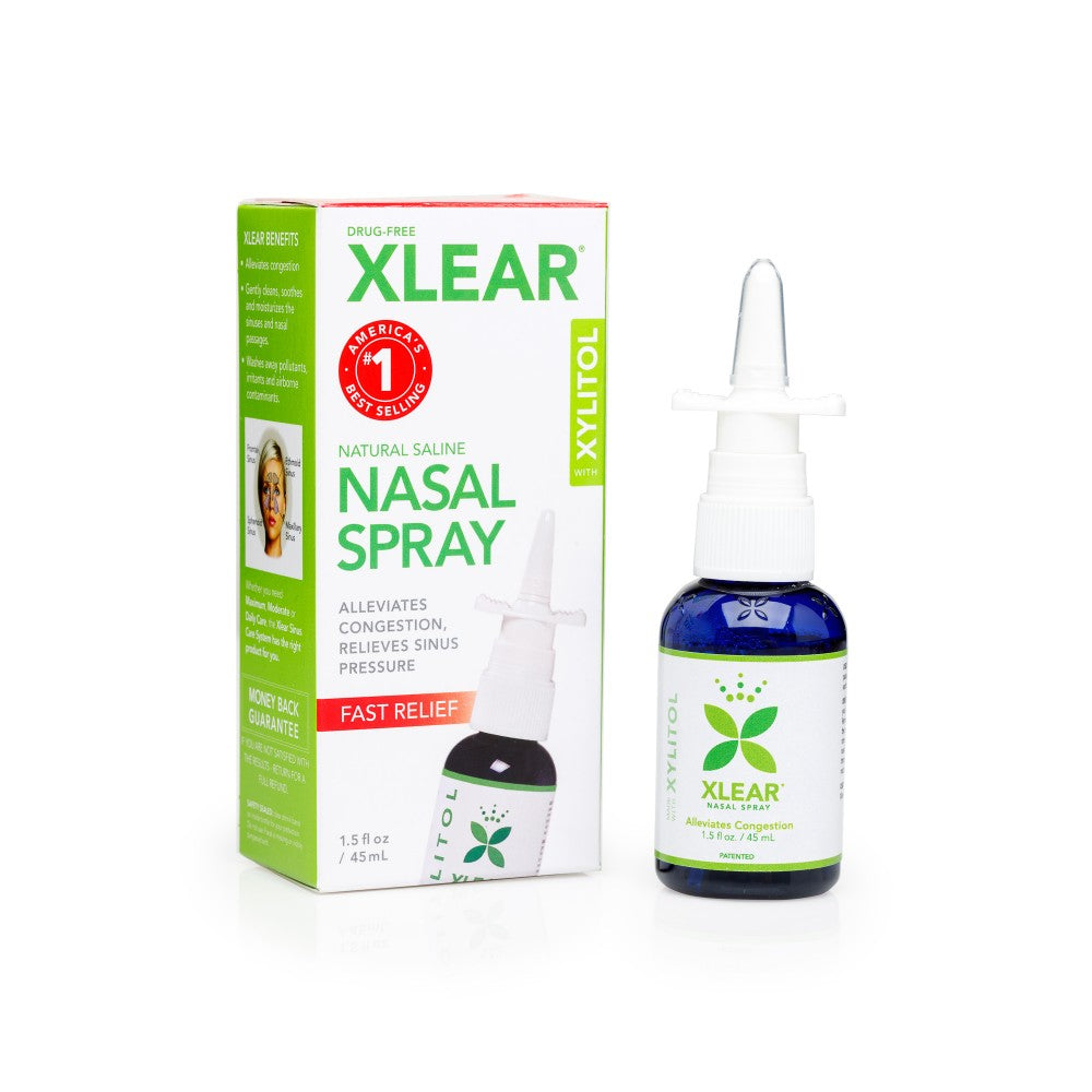 A package and bottle of Xlear Nasal Spray 1.5 fl oz