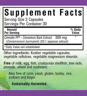 Supplement Facts for Bluebonnet Cinnulin PF® Cinnamon Bark Extract