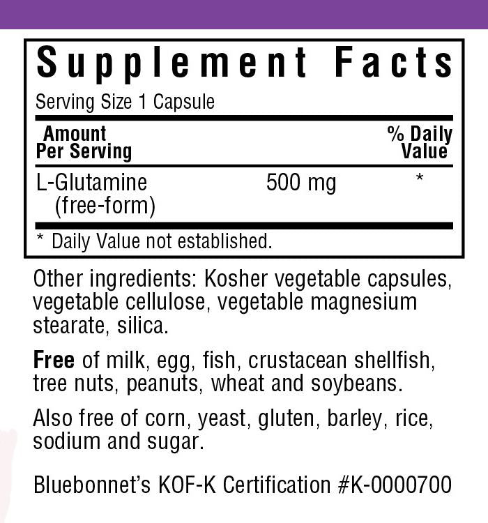 A bottle of Bluebonnet L-Glutamine 500 mg