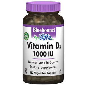 A bottle of Bluebonnet Vitamin D3 1000 IU Capsules