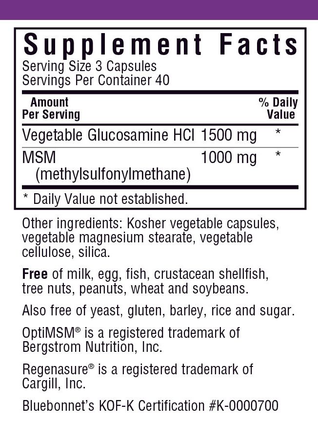 A bottle of Bluebonnet Vegetarian Glucosamine MSM (shellfish-Free)