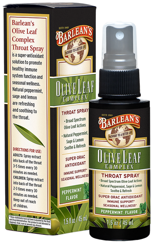 A package and bottle of Barleans Olive Leaf Complex Throat Spray