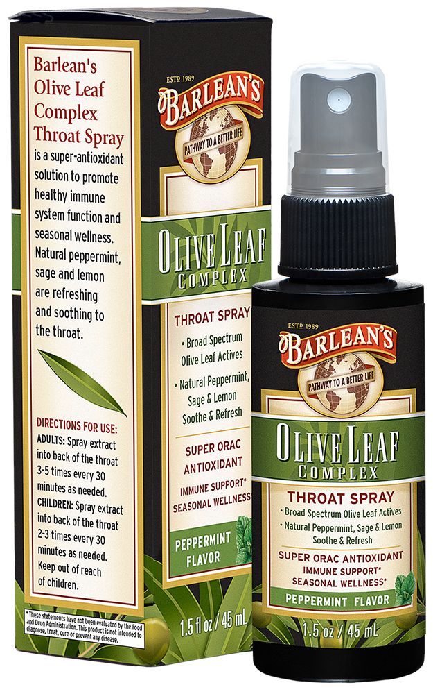 A package and bottle of Barleans Olive Leaf Complex Throat Spray