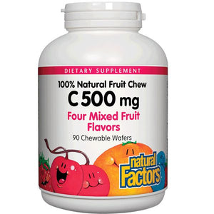 A bottle of Natural Factors Vitamin C 500 mg 100% Natural Fruit Chew Mixed Fruit