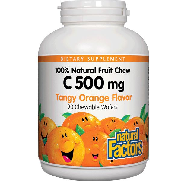 A bottle of Natural Factors Vitamin C 500 mg 100% Natural Fruit Chew Tangy Orange
