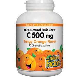 A bottle of Natural Factors Vitamin C 500 mg 100% Natural Fruit Chew Tangy Orange