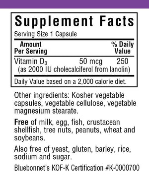 Supplement Facts for Bluebonnet Vitamin D3 2000 IU Capsules