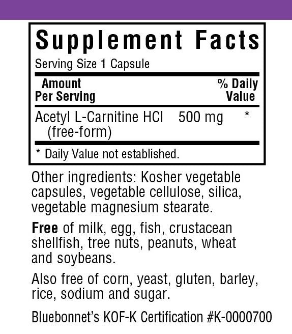 A rendering of a pill bottle with a white and purple label that reads Bluebonnet Acetyl L-Carnitine 500mg