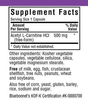 Supplement Facts for Bluebonnet's Acetyl L-Carnitine 500mg