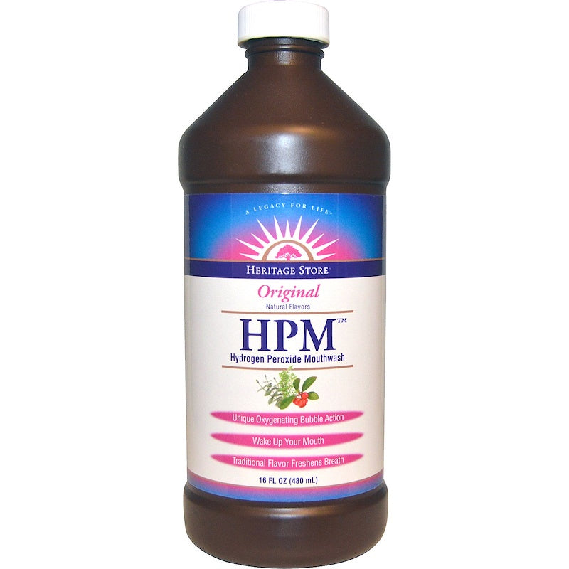 A bottle of Heritage Store HPM™ Hydrogen Peroxide Mouthwash
