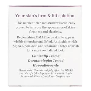 Side of package with additional information for Firming DMAE Moisturizer with Alpha Lipoic & C- Ester