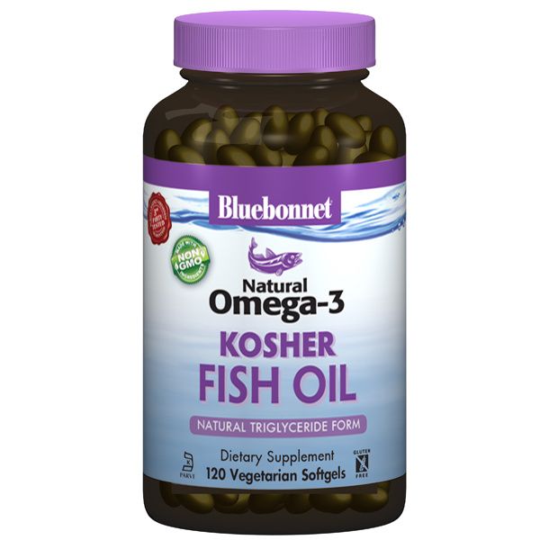 A bottle of Bluebonnet Omega-3 Kosher Fish Oil