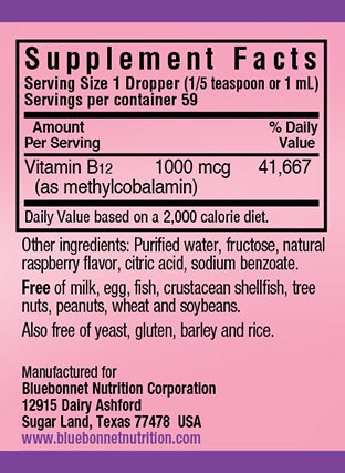 A bottle of Bluebonnet Liquid CellularActive® Methylcobalamin Vitamin B12 1000 mcg Raspberry