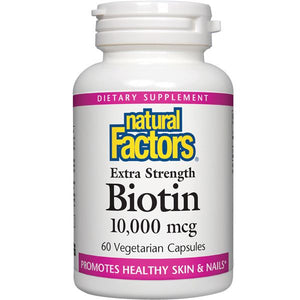 A bottle of Natural Factors Biotin Extra Strength 10,000 mcg