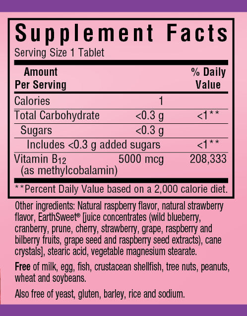 A bottle of Bluebonnet Earthsweet® Chewables Methylcobalamin Vitamin B-12 5000 mcg Raspberry