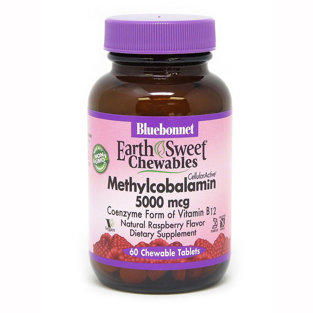 A bottle of Bluebonnet Earthsweet® Chewables Methylcobalamin Vitamin B-12 5000 mcg Raspberry