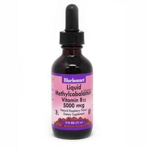 A bottle of Bluebonnet Liquid CellularActive® Methylcobalamin Vitamin B12 5000 mcg Raspberry