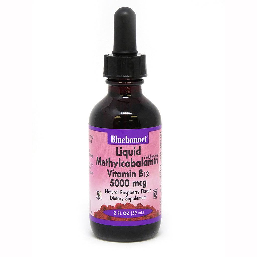 A bottle of Bluebonnet Liquid CellularActive® Methylcobalamin Vitamin B12 5000 mcg Raspberry