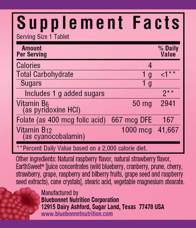 A bottle of Bluebonnet Earthsweet® Chewables Vitamin B-6, B-12 Plus Folic Acid Raspberry