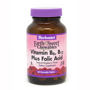 A bottle of Bluebonnet Earthsweet® Chewables Vitamin B-6, B-12 Plus Folic Acid Raspberry