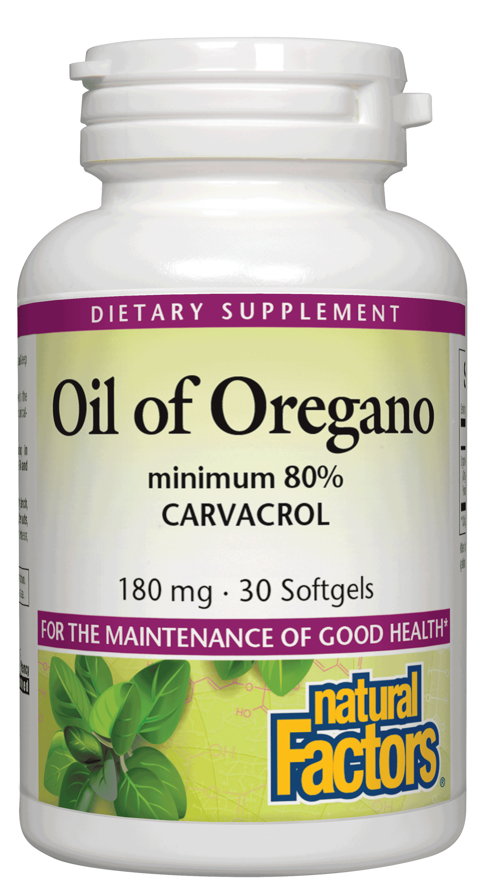 A bottle of Natural Factors Oil of Oregano 180 mg