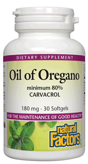 A bottle of Natural Factors Oil of Oregano 180 mg