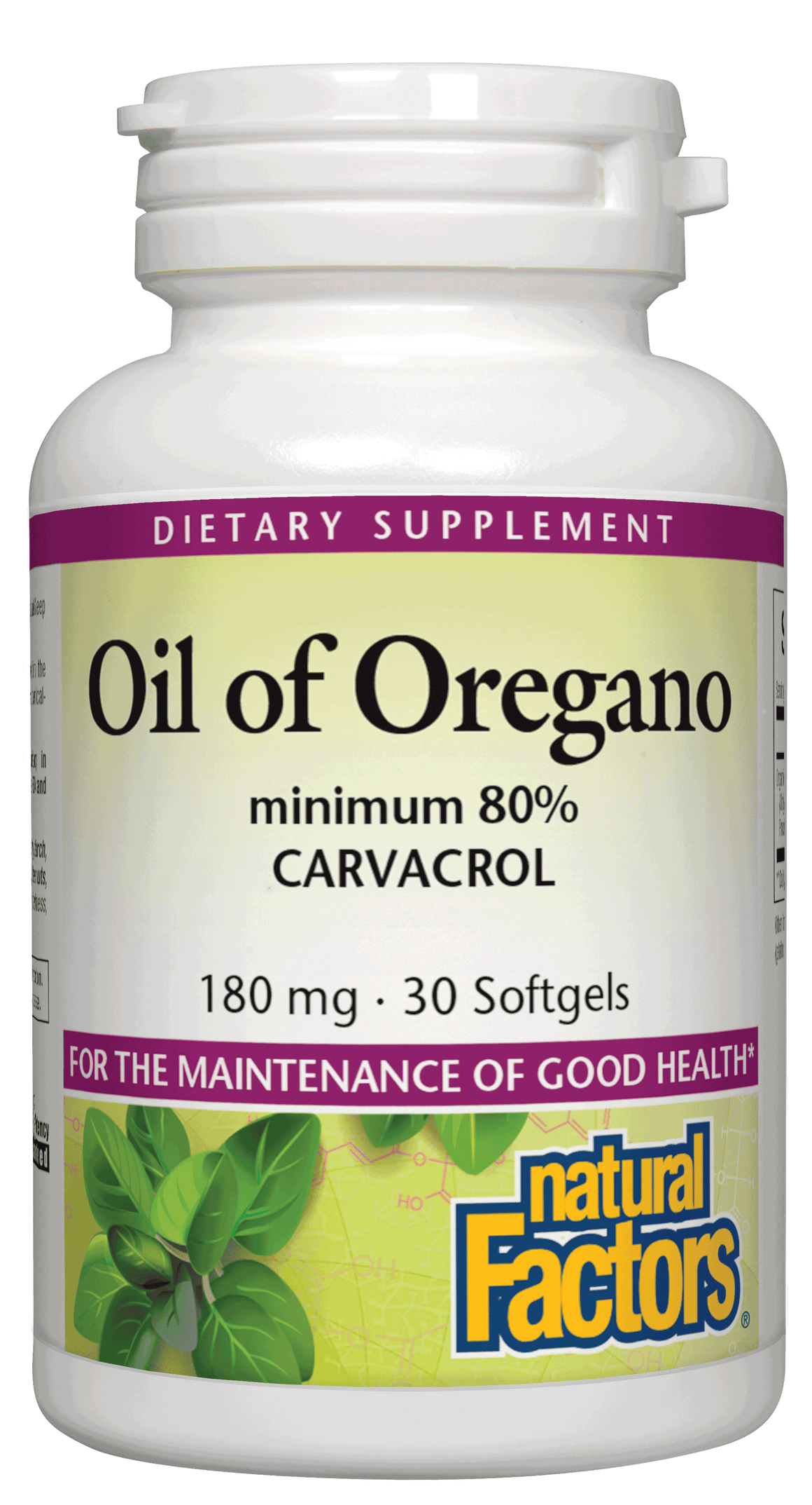 A bottle of Natural Factors Oil of Oregano 180 mg