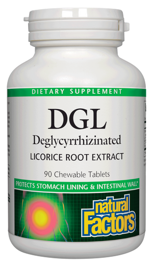 A bottle of Natural Factors DGL 400 mg · Deglycyrrhizinated Licorice Root Extract