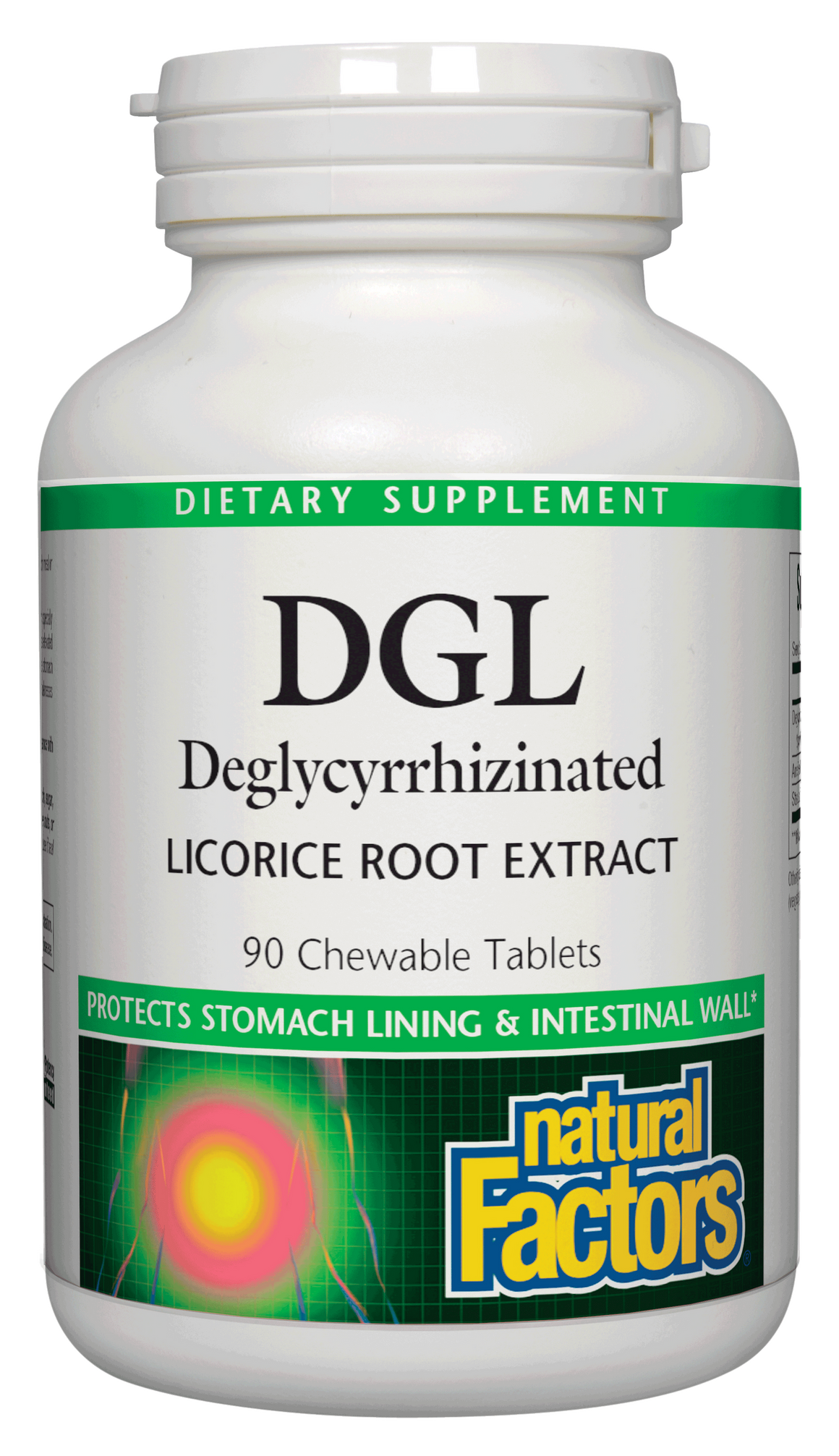 A bottle of Natural Factors DGL 400 mg · Deglycyrrhizinated Licorice Root Extract
