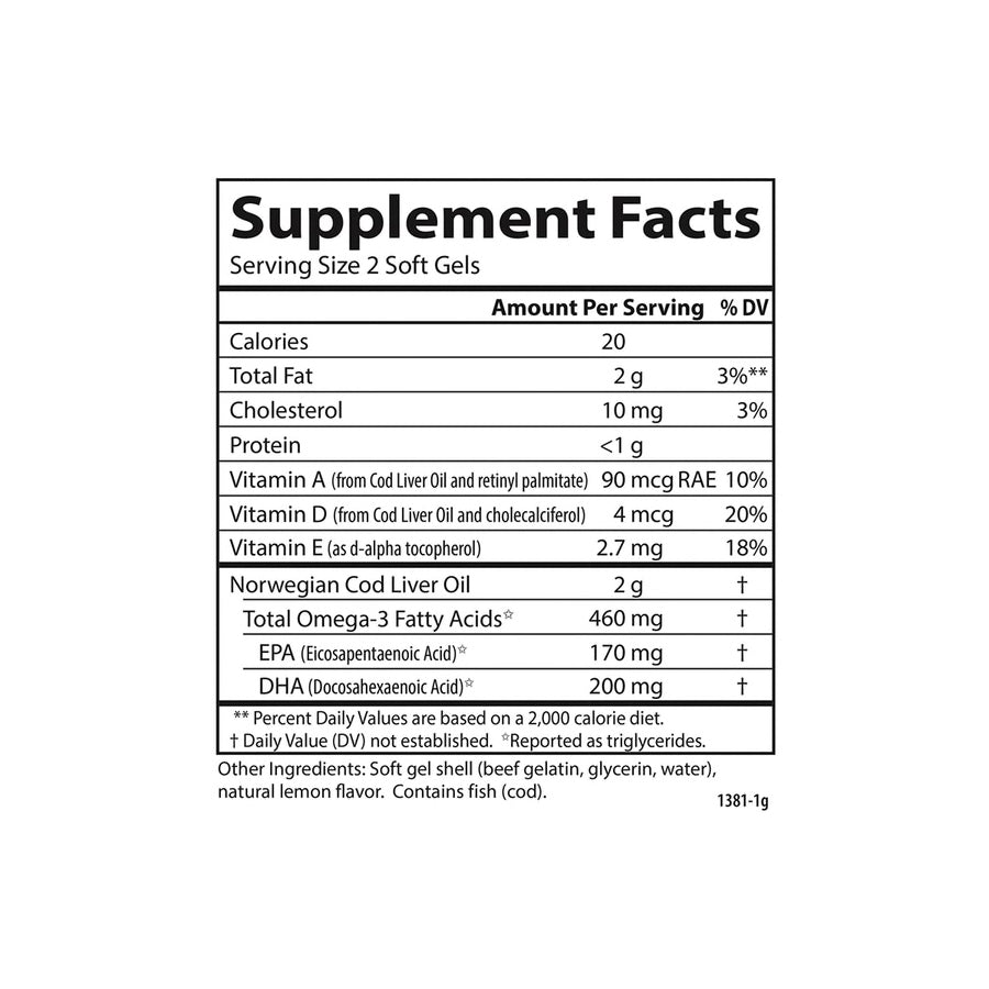 A large and small bottle of Carlson Cod Liver Oil Gems, lemon flavor