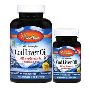 A large and small bottle of Carlson Cod Liver Oil Gems, lemon flavor