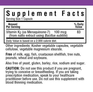 Supplement Facts for Bluebonnet Vitamin K2 100 mcg