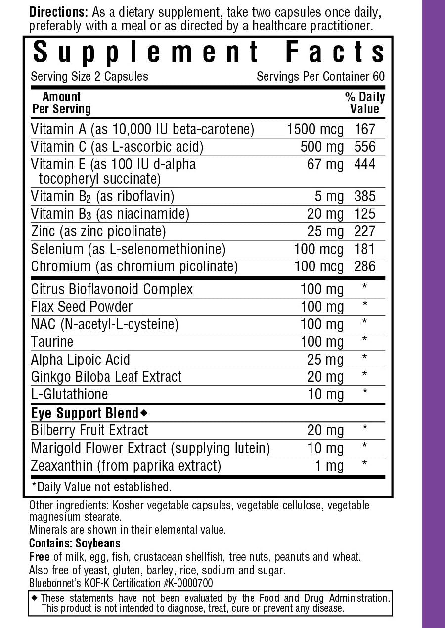 Bluebonnet Formulas Supplement Facts of Bluebonnet Eye Antioxidant Formula