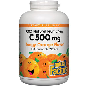 A bottle of Natural Factors Vitamin C 500 mg 100% Natural Fruit Chew Tangy Orange