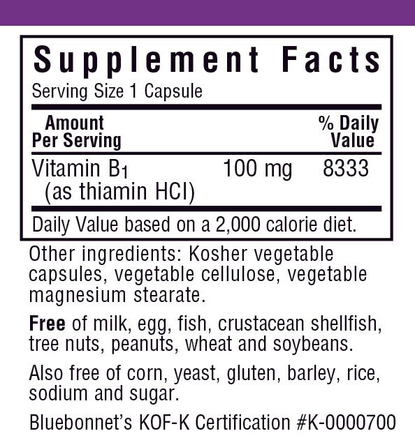 A bottle of Bluebonnet Vitamin B1 100 mg