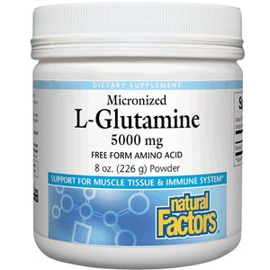 A jar of Natural Factors Micronized L-Glutamine 5000 mg