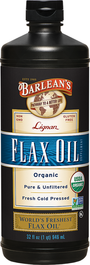 A bottle of Barleans Organic Lignan Flax Oil