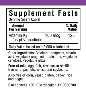 Supplement Facts for Bluebonnet Vitamin K1 100 mcg