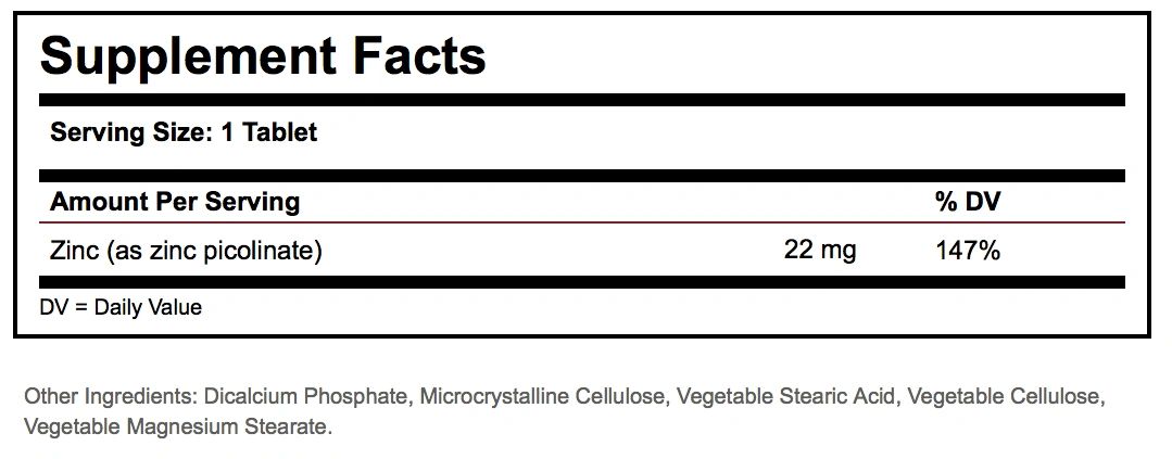 A bottle of Solgar Zinc Picolinate 22 mg