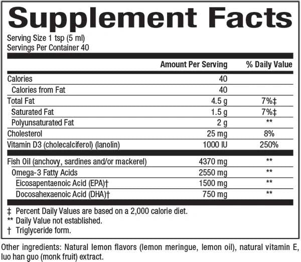 A bottle of Naturals Factors SeaRich™ Omega-3 1500 mg EPA / 750 mg DHA with Vitamin D3 1000 I.U. Lemon Meringue