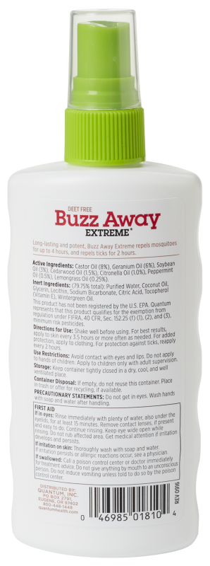 A back of the bottle for Quantum Health Buzz Away Extreme® Spray