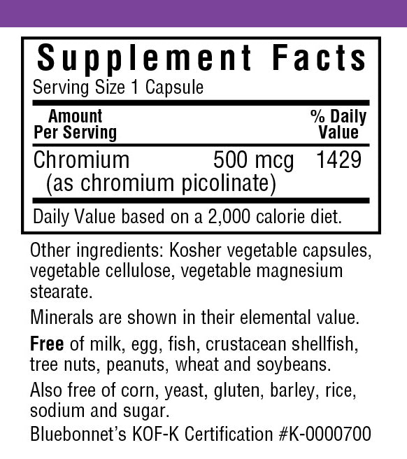A bottle of Bluebonnet Chromium Picolinate 500 mcg
