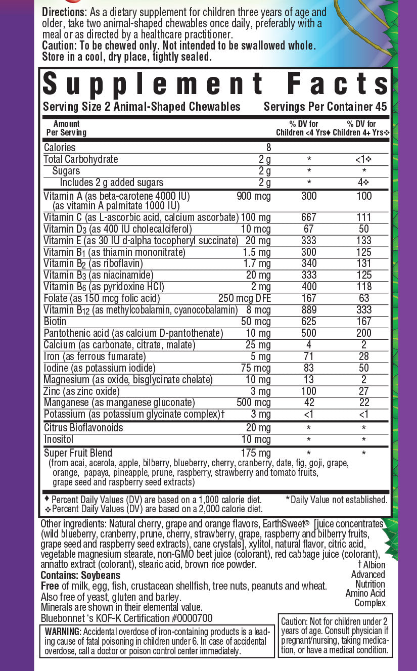 A bottle of Bluebonnet Super Earth® Rainforest Animal® Whole Food Based Multiple - Assorted
