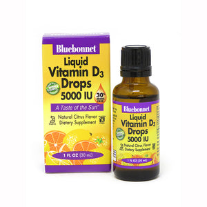 A package and bottle of Bluebonnet Liquid Vitamin D3 Drops 5000 Iu Citrus