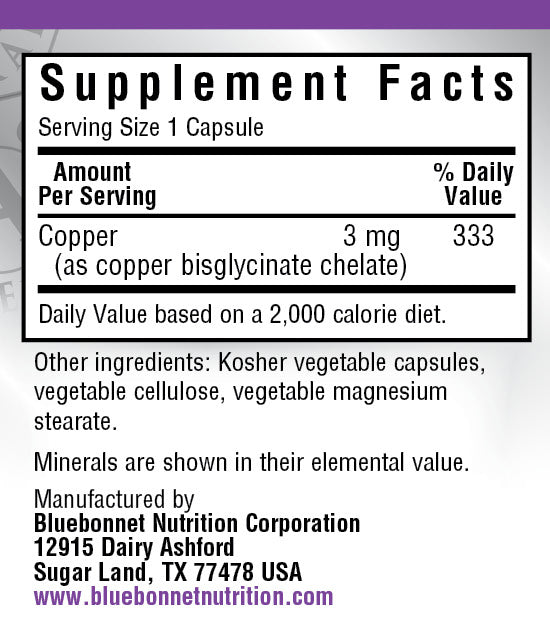 A bottle of Bluebonnet Chelated Copper 3 mg