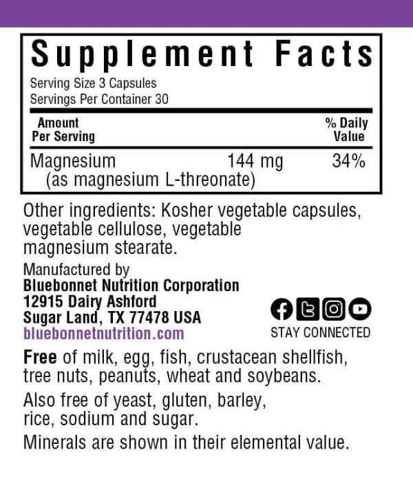 Magnesium L-Threonate - Bluebonnet - 90 vegetable capsules